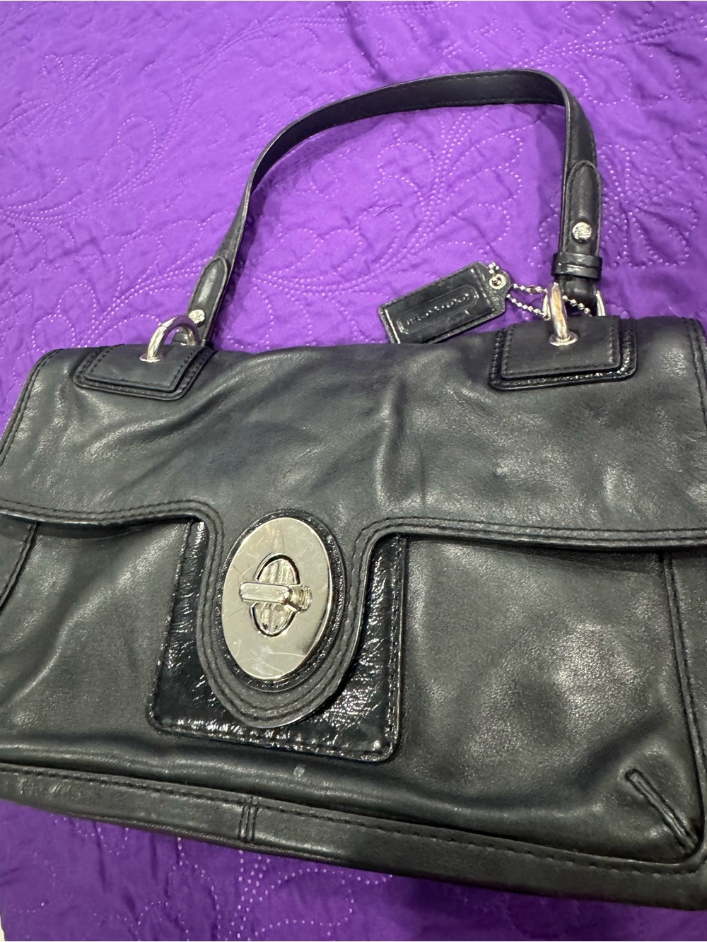 Coach Black Leather Shoulder Bag with Silver Turn-Lock